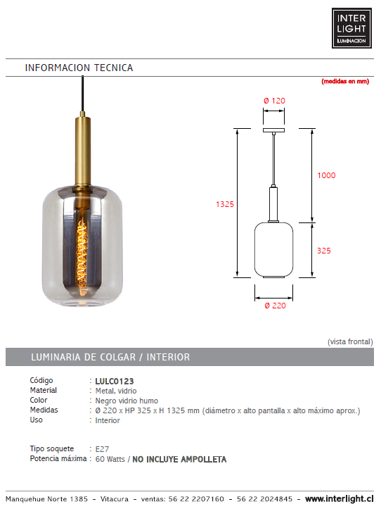 Lámpara colgante metal vidrio humo Ø22x32,5 cm E27 - LULC0123