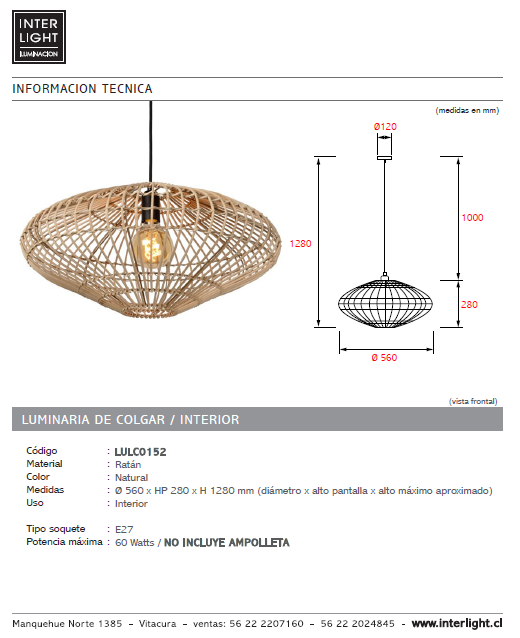 Lámpara colgante ratán natural Ø 56 cm E27 - LULC0152