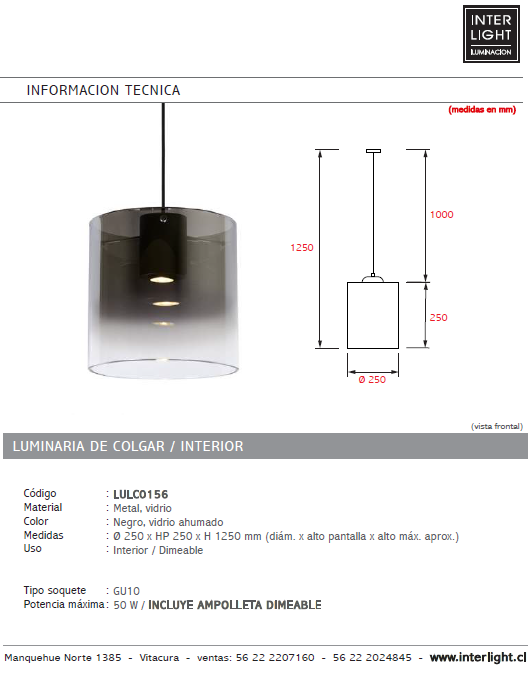 Lámpara colgante metal vidrio negro Ø 25 cm GU10 - LULC0156