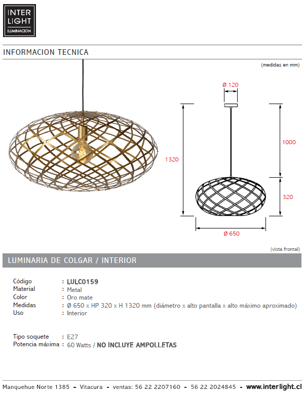 Lámpara colgante metal oro mate Ø 65 cm E27 - LULC0159
