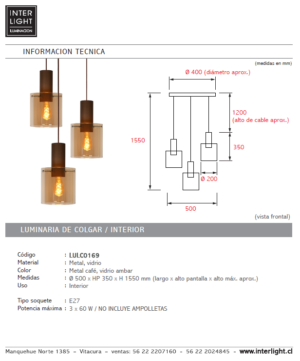 Lámpara colgante metal café vidrio ámbar Ø 50 cm 3 luces E27 - LULC0169