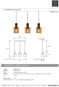 Lámpara colgante metal café vidrio ámbar 97 cm 3 luces E27 - LULC0170