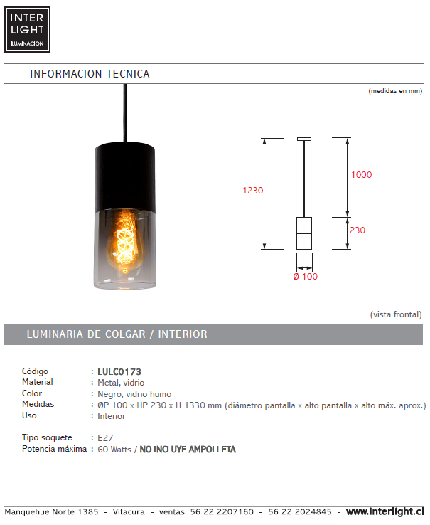 Lámpara colgante metal vidrio negro humo Ø10x23 cm E27 - LULC0173
