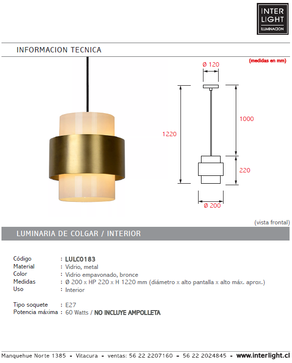 Lámpara colgante metal vidrio Ø20x22 cm E27 - LULC0183