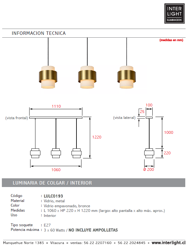Lámpara colgante metal vidrio empavonado bronce 1,06 3 luces cm E27 - LULC0193