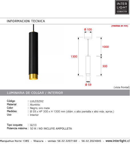 Lámpara colgante aluminio negro oro mate Ø5,9 x 30 cm GU10 - LULC0202