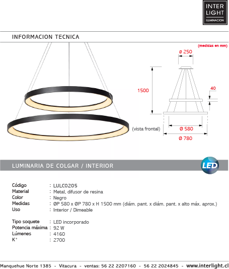 Lámpara colgante negro doble aro Ø 78 x Ø 59 LED 92 W - LULC0205