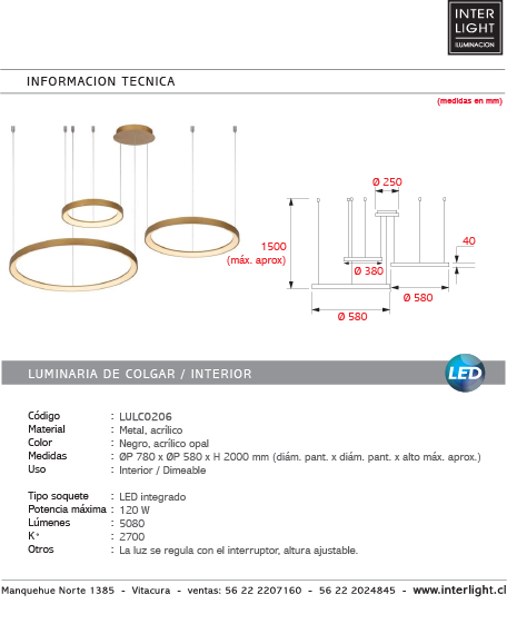 Lámpara colgante oro triple aro Ø78 x Ø58 x Ø38 cm LED 120 W - LULC0206