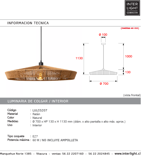 Lámpara colgante ratán natural Ø 70 cm E27 - LULC0207