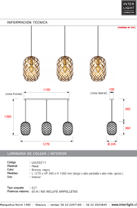 Lámpara colgante metal bronce largo 1,10 mt. 3 luces E27 - LULC0211