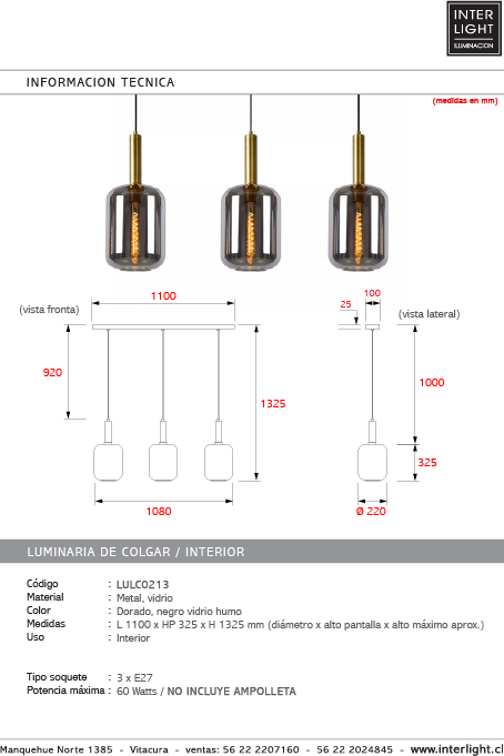 Lámpara colgante metal vidrio dorado humo largo 1,10 mt. 3 luces E27 - LULC0213