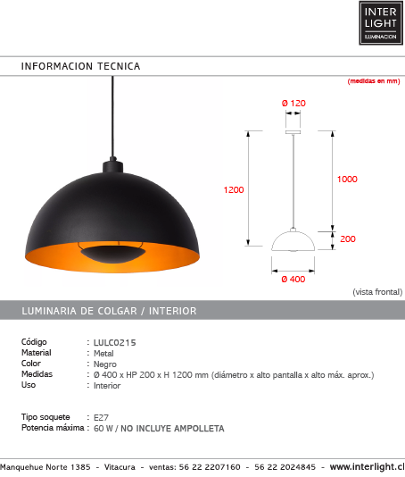 Lámpara colgante metal negro Ø40 cm E27 - LULC0215