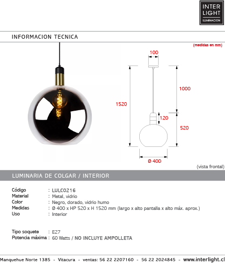 Lámpara colgante metal negro dorado vdrio humo Ø 40 cm E27 - LULC0216