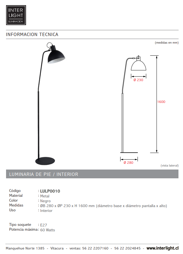 Lámpara de pie metal negro Ø 28x1,60 cm E27 - LULP0010