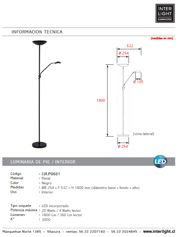 Lámpara de pie metal lector negro Ø 25,4x1,80 cm LED 20W 4W - LULP0021