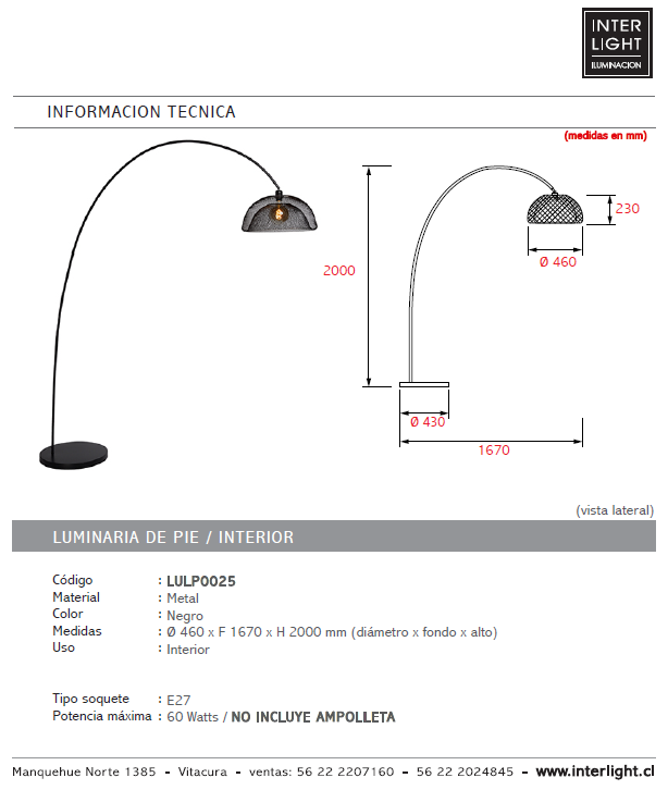 Lámpara de pie metal negro arco Ø 46x2,00 cm E27 - LULP0025