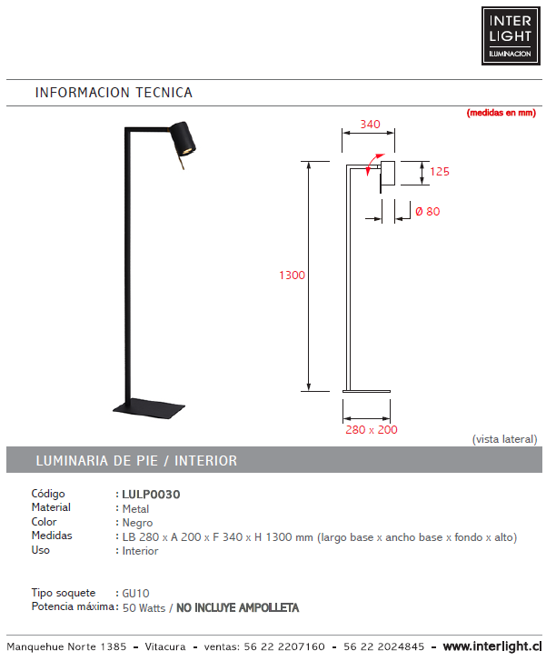 Lámpara de pie metal negro 28x1,30 cm GU10 - LULP0030