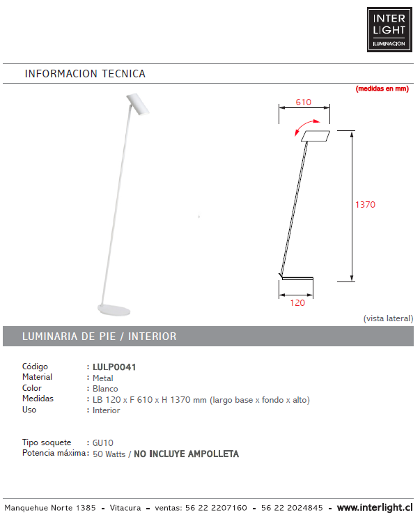 Lámpara de pie metal blanco 15x1,37 cm GU10 - LULP0041