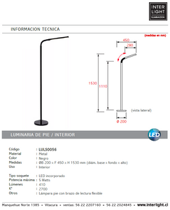 Lámpara de pie metal negro flexible Ø 20x1,53 cm LED 5W - LULP0056