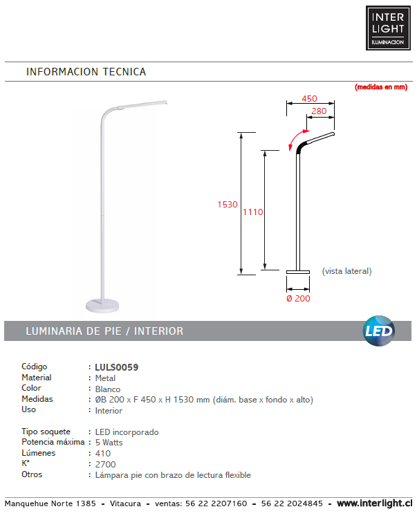 Lámpara de pie metal blanco flexible Ø 20x1,53 cm LED 5W - LULP0059