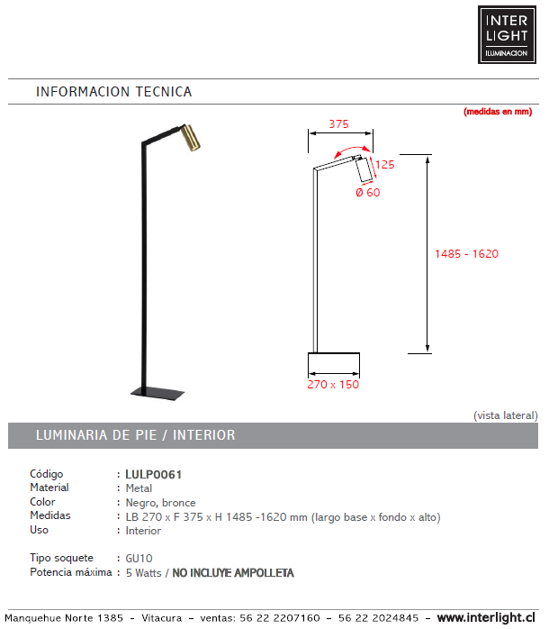 Lámpara de pie metal negro bronce  27x1,62 cm GU10 - LULP0061