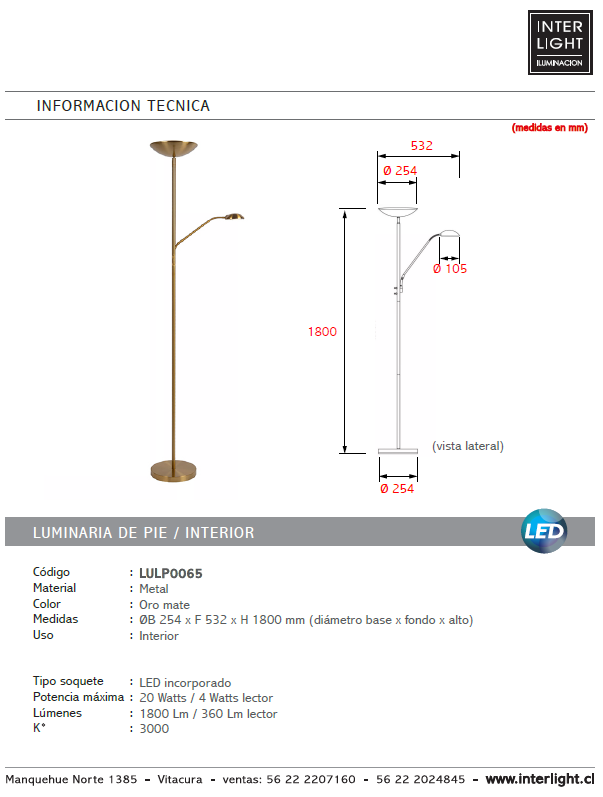 Lámpara de pie metal lector oro mate Ø 25,4x1,80 cm LED 20W 4W - LULP0065