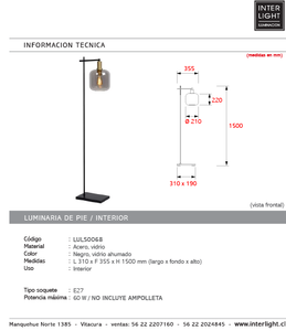 Lámpara de pie acero vidrio ahumado negro largo base 31x1,50 cm E27 - LULP0068