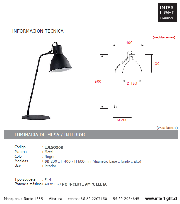 Lámpara sobremesa metal negro Ø 20x50 cm E14 - LULS0008