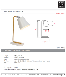Lámpara sobremesa metal madera blanco Ø 14x36  cm E14 - LULS0012