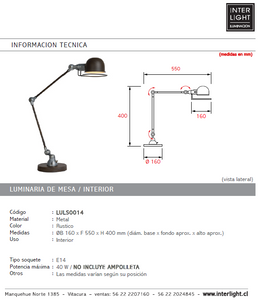 Lámpara sobremesa metal rustico Ø 16x4 0cm E14 - LULS0014