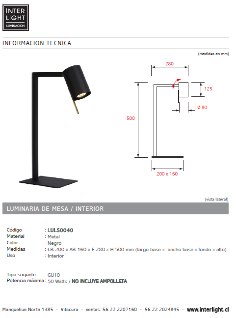 Lámpara sobremesa metal negro 20x50 cm GU10 - LULS0040