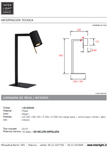 Lámpara sobremesa metal negro 20x50 cm GU10 - LULS0040
