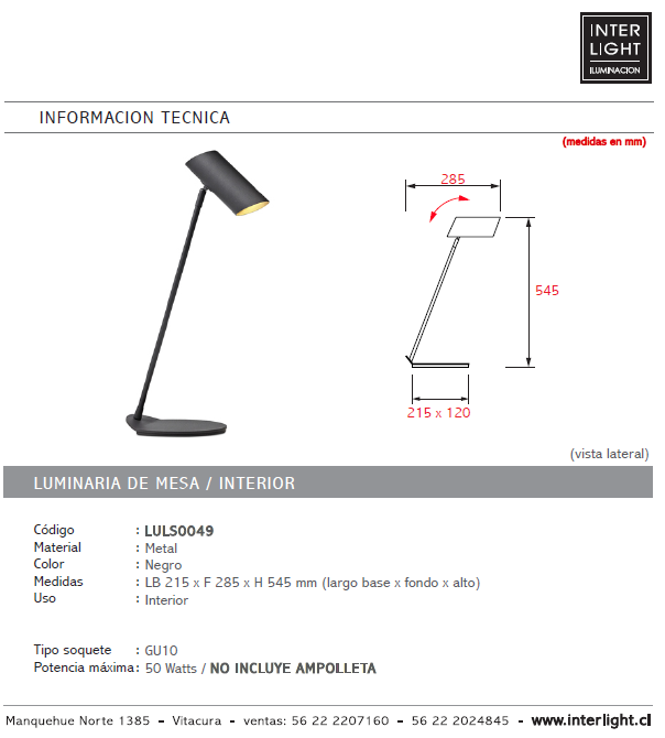 Lámpara sobremesa metal negro 12x54,5 cm GU10 - LULS0049