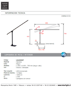 Lámpara sobremesa aluminio negro 85,5x70 cm LED 12W - LULS0087