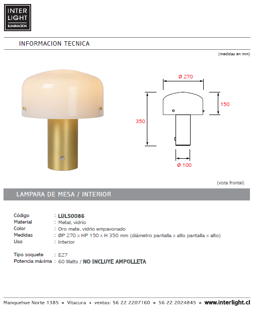 Lámpara sobremesa metal vidrio oro mate Ø 27x 35 cm E27 - LULS0086