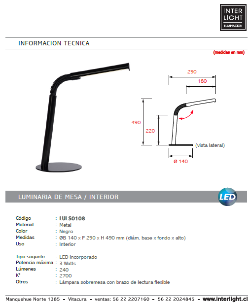 Lámpara sobremesa metal negro flexible Ø 14x49 cm LED 3W