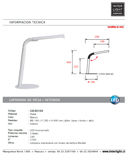 Lámpara sobremesa metal blanco flexible 14x49 cm LED 3W - LULS0109