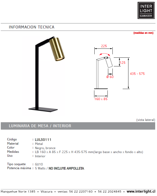 Lámpara sobremesa metal negro bronce  16x57.5 cm GU10 - LULS0111