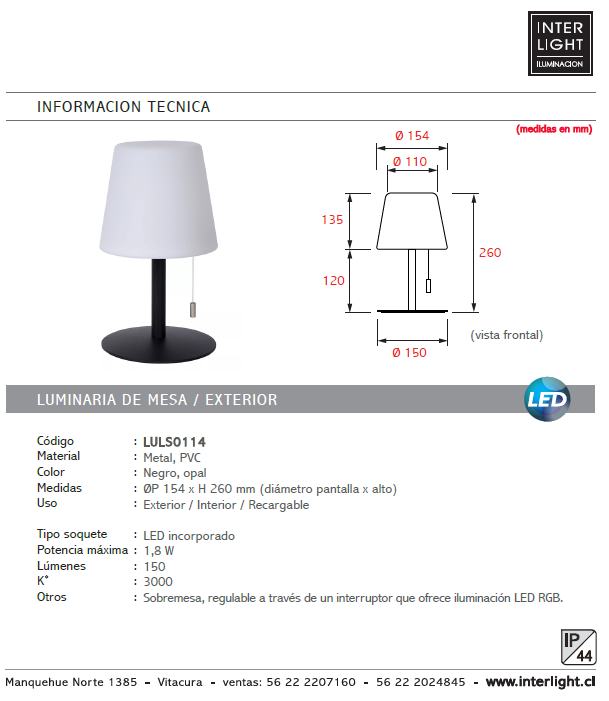Lámpara sobremesa PVC negro opal Ø 15,4x26 cm LED 1,8W - LULS0114