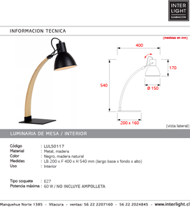 Lámpara sobremesa metal madera negro natural largo base 20x54 cm alto E27 - LULS0117