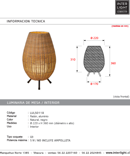 Lámpara sobremesa aluminio negro ratán natural Ø22x36 cm G9 - LULS0118