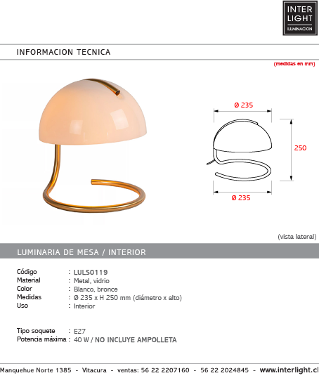 Lámpara sobremesa metal vidrio blanco bronce Ø 23,5 cm  E27 - LULS0119