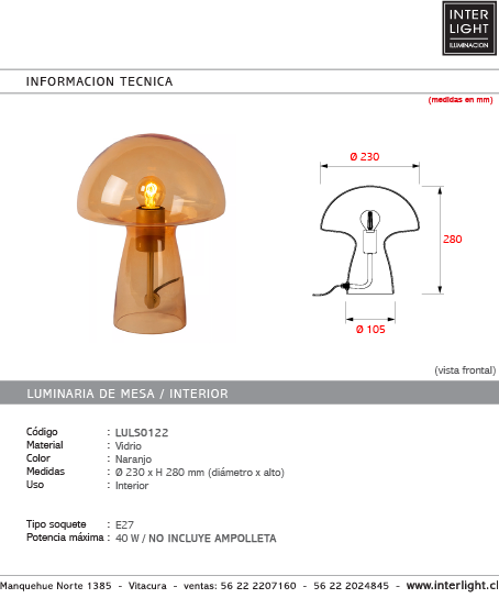 Lámpara sobremesa vidrio naranjo Ø23x28 cm E27 - LULS0122