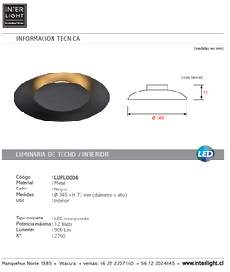 Plafón metal negro Ø 34,5x7,3 cm LED 12W - LUPL0006