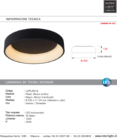 Plafón metal negro Ø 45,5x13 cm LED 30W - LUPL0016