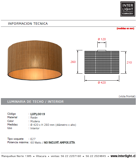 Plafón ratán color madera Ø 42x26 cm E27 - LUPL0019