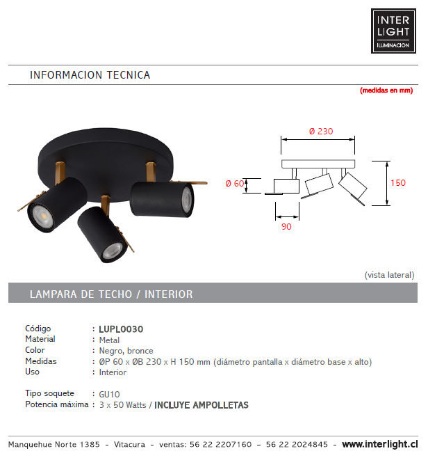 Plafón metal negro bronce Ø 23x15 cm 3 luces GU10 - LUPL0030