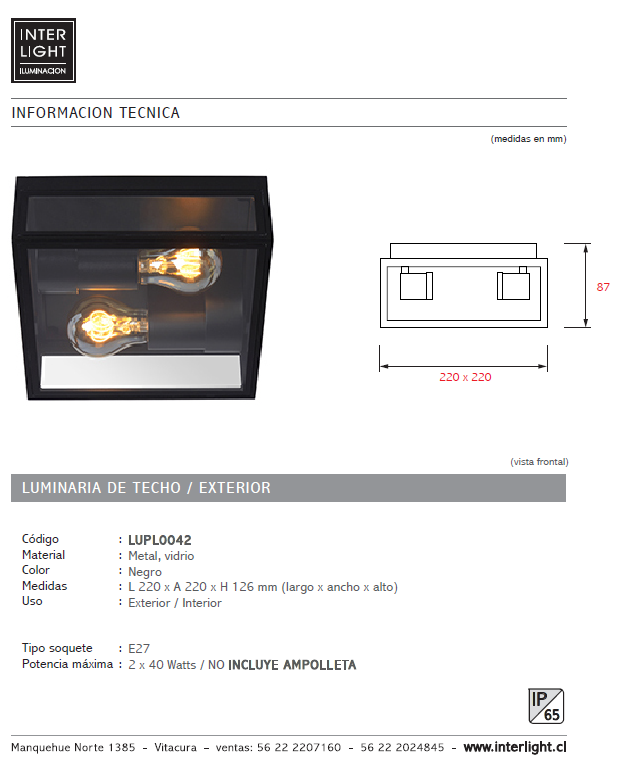Plafón metal vidrio negro exterior IP65  Ø 22x8,7cm 2 luces E27 - LUPL0042