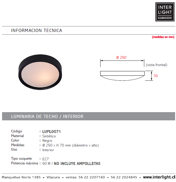 Plafón sinético negro Ø 25x7cm E27 - LUPL0071