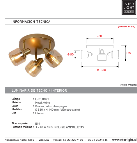 Plafón metal vidrio bronce champagne Ø38x14 cm 3 luces E14 - LUPL0073